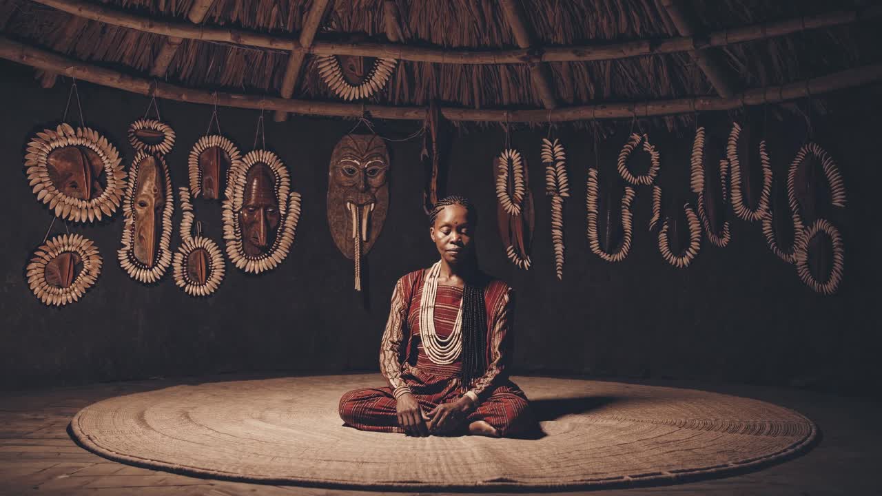 Individual in traditional attire sits gracefully on a woven mat, surrounded by intricate masks and artifacts, showcasing cultural heritage and artistic expression