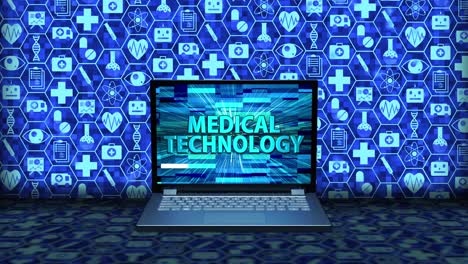 renderización 3d de portátil o portátil en el suelo con tecnología médica en la pantalla y icono de fondo en color azul. bucle sin costuras.