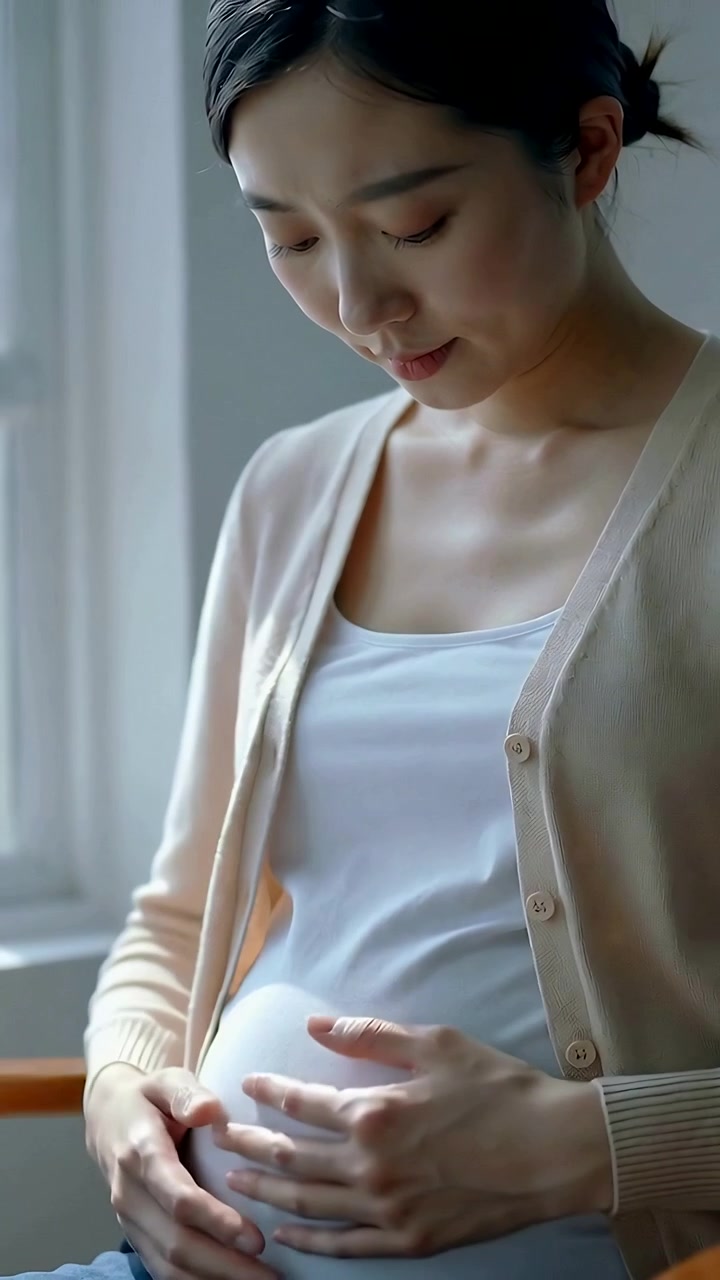 縦型動画：窓際で白いタンクトップを整え、お腹を抱きかかえる妊婦