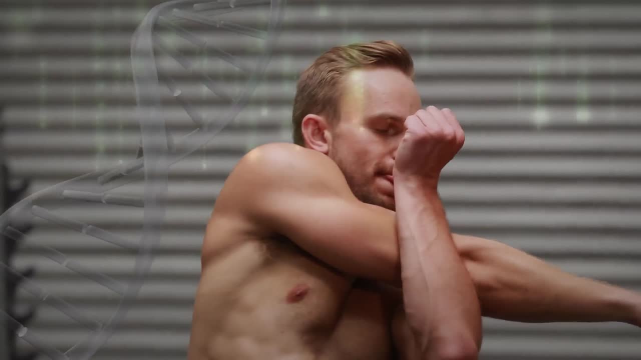 디지털 인터페이스의 애니메이션과 회전하는 dna  ⁇ 과 스포츠맨에 대한 데이터 처리