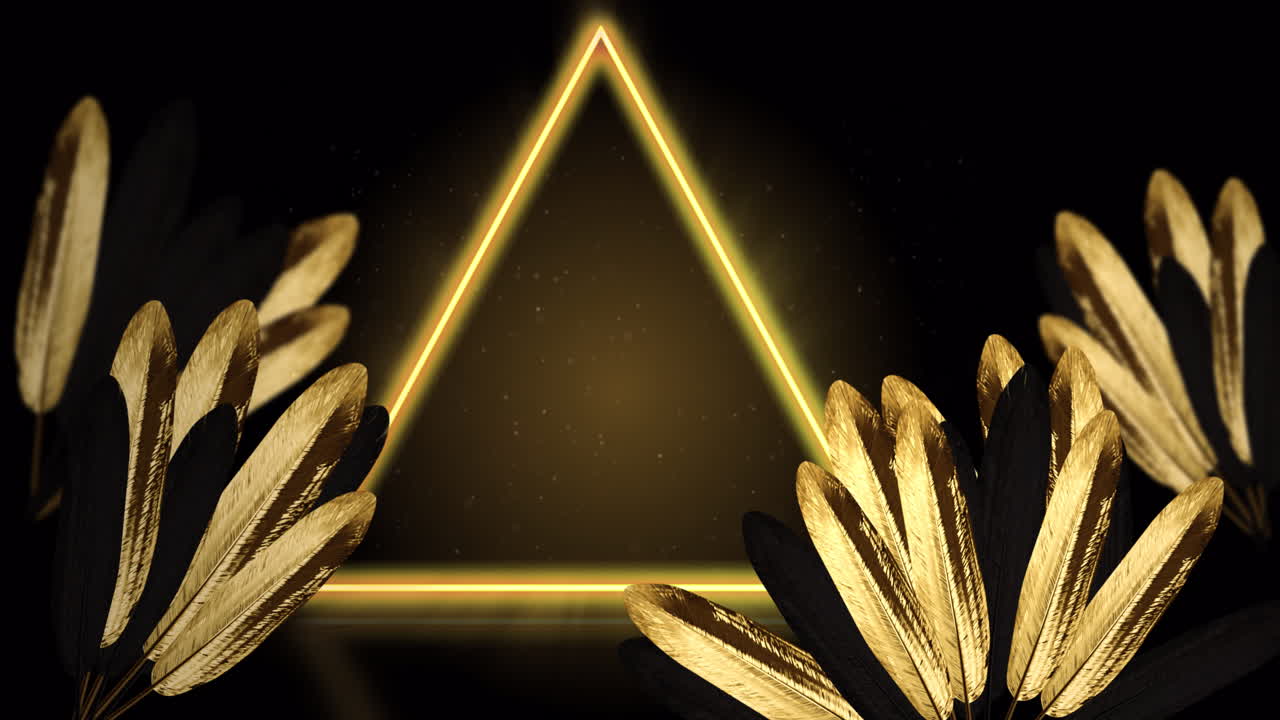 갈색 배경 에 노란색 네온 삼각형 을 가진 금색 열대 잎 의 애니메이션