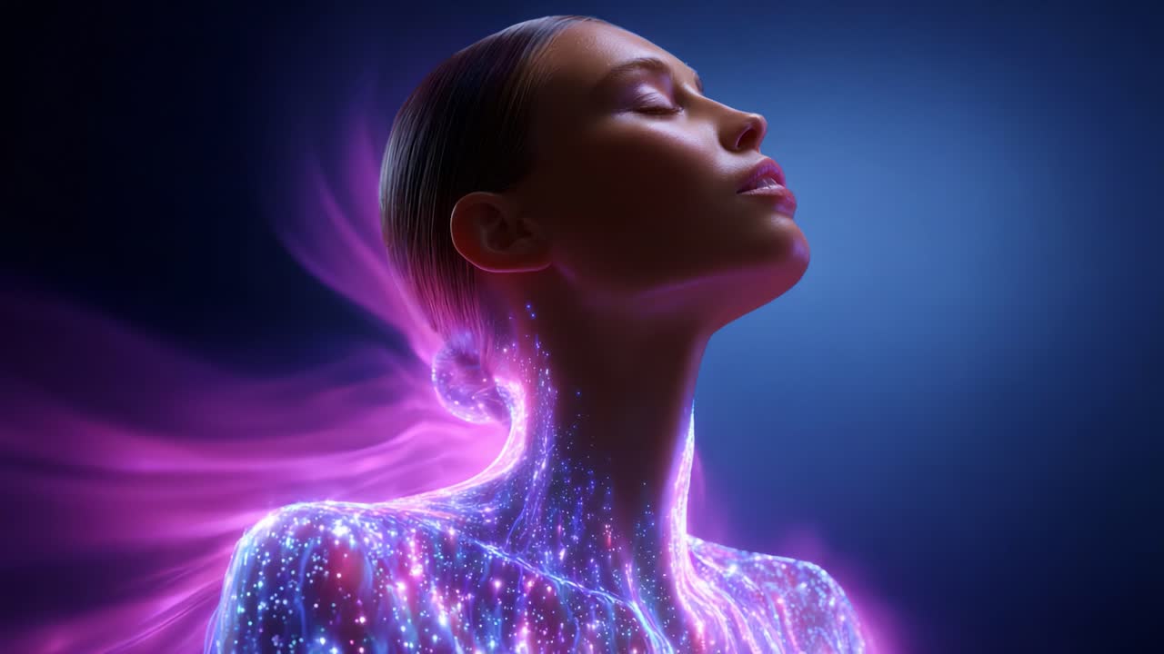 A Mystical Transformation: A Captivating Artistic Representation of a Woman Bathed in a Cosmic Glow, Embodying Radiance and Serenity Against a Deep Blue Background, Capturing a Moment of Tranquility and Reflection