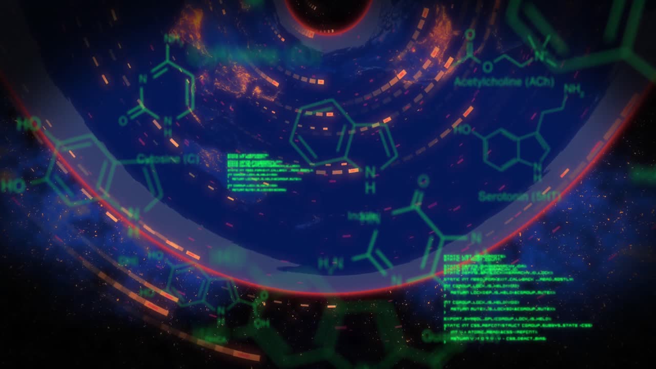 블랙 배경의 세계 지도 위의 데이터 처리 및 화학 공식의 애니메이션