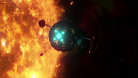 4k-Spaceship-flies-away-from-the-camera,-near-the-sun