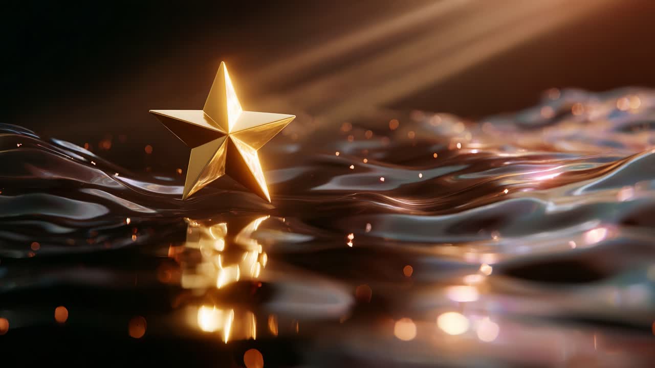Glowing Golden Star Floating on Shimmering Waves, Capturing the Essence of Elegance and Beauty Amidst the Reflective Surface of Water, Glowing with Radiant Warmth and Mystique