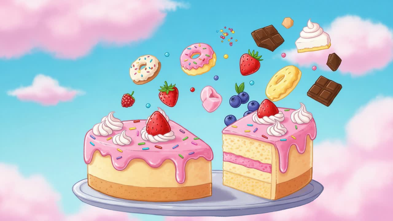 Delightful Dessert Scene Featuring a Yummy Pink Cake Surrounded by Colorful Treats Including Candies, Fruits, and Chocolates Floating in a Playful Sky Environment