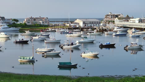 boats anchored in cape cod's harwich wychmere harbor on a calm, sunny day