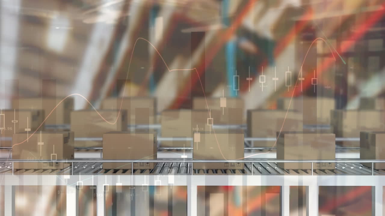 animación del procesamiento de datos financieros sobre cajas de cartón en cintas transportadoras