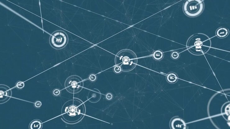 Central ring appearing globe icon fading lines shooting to bar and clock icons linking into network
