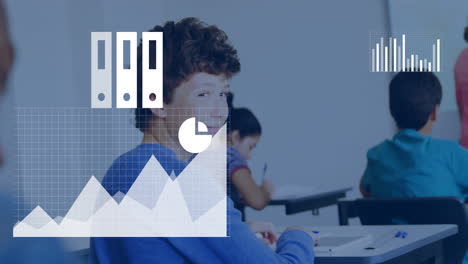 Animation of data media icons processing over happy caucasian schoolboy smiling in classroom