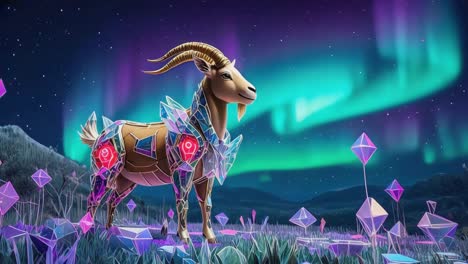 enchanted crystal goat under the aurora
