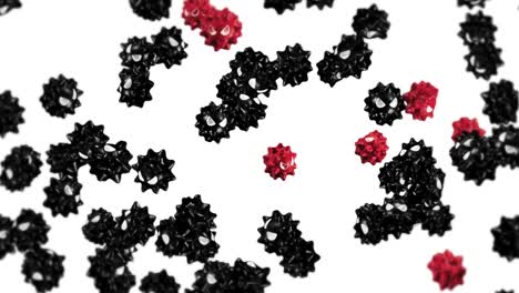 volando muchos virus en personaje de dibujos animados. rojo y negro. nueva cepa. variante. concepto médico. mascota de virus con enojado. animación de bucle 3d.