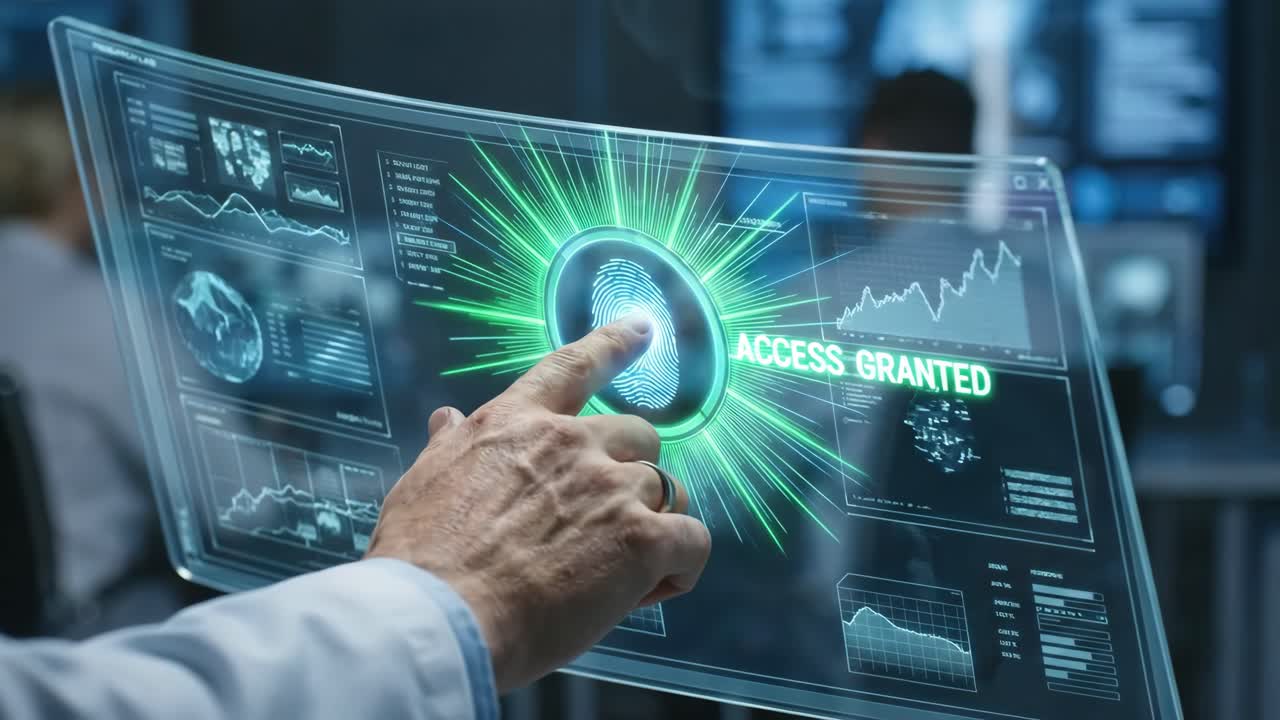 Tocco manuale su schermo trasparente futuristico per l'accesso biometrico tramite impronta digitale