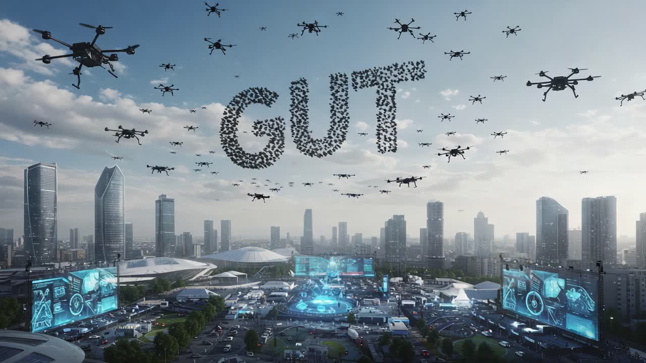 Yenilikçi Bir Hava Gösterisi: Fütüristik Şehir Silüeti Üzerinde 'GUT' Kelimesini Oluşturan Drone'lar, Teknoloji ve Heyecan Dolu Ekranlarla Büyüleyici Bir Atmosferde