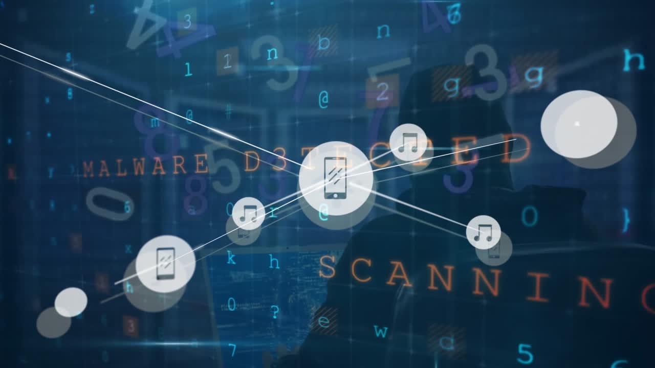 Animation of network of connections with icons and data processing ove hacker