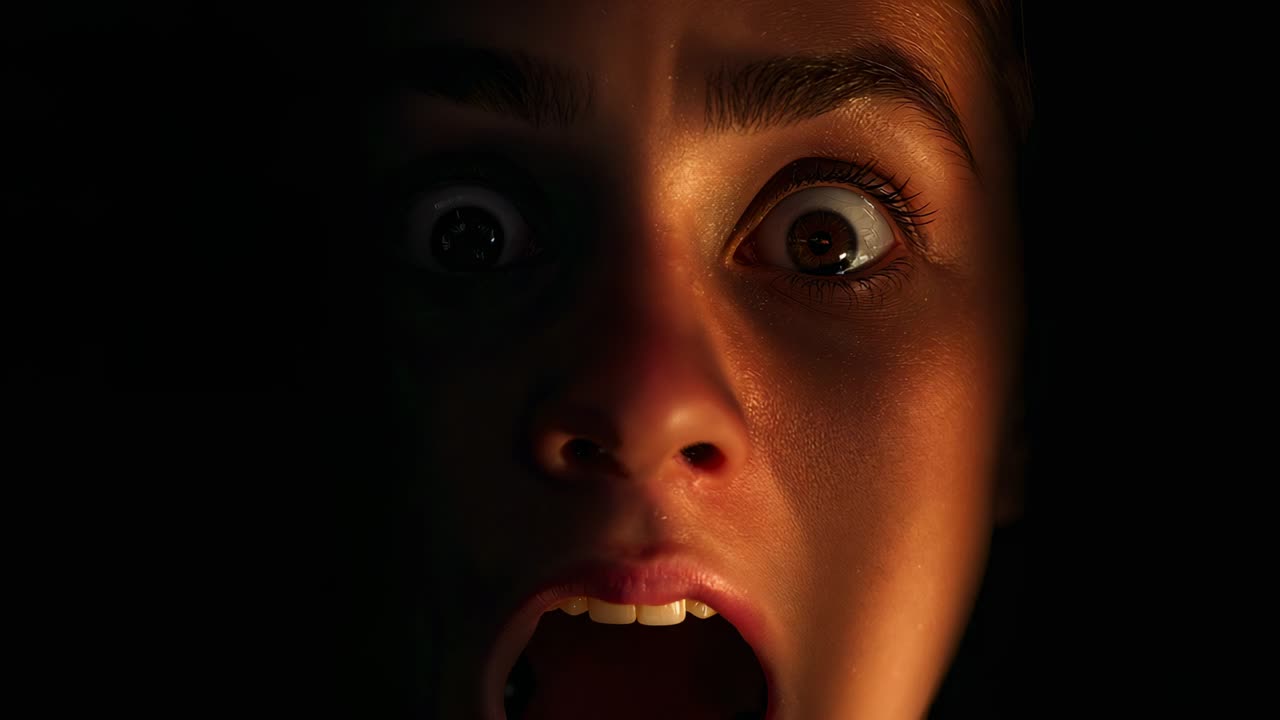 Reagindo a um som fora do palco, adolescente do sexo feminino arregalando os olhos e gritando em close-up de estúdio, luz quente