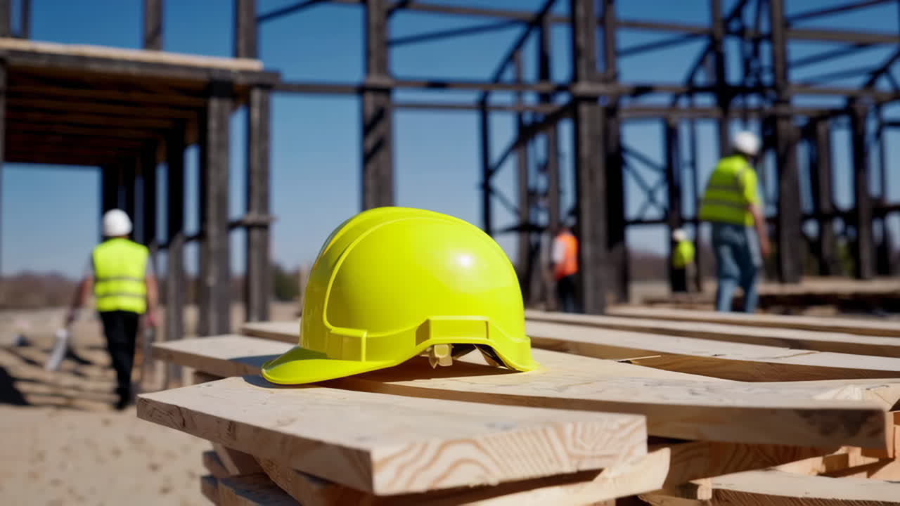 Construction site with hardhat on lumber