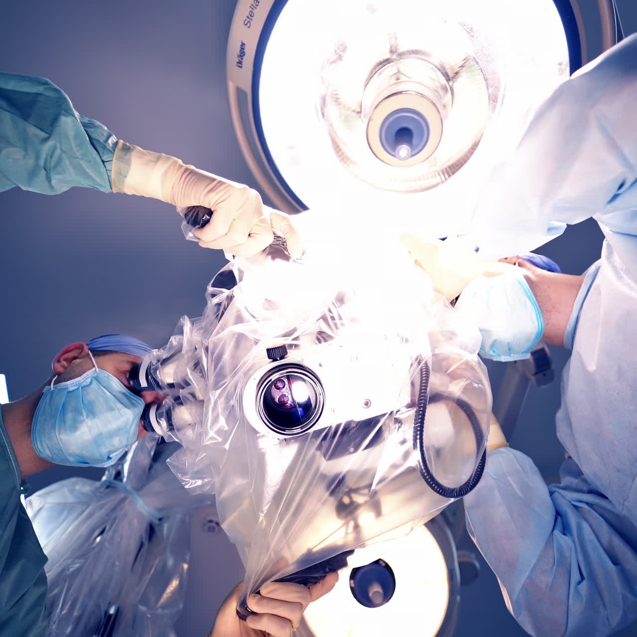 View from below on a microscope and two specialists looking inside. Neurosurgeons using contemporary mic during the operating in clinic.