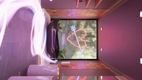 de baño vertical con corazón de luz led en la pared y energía fluyendo