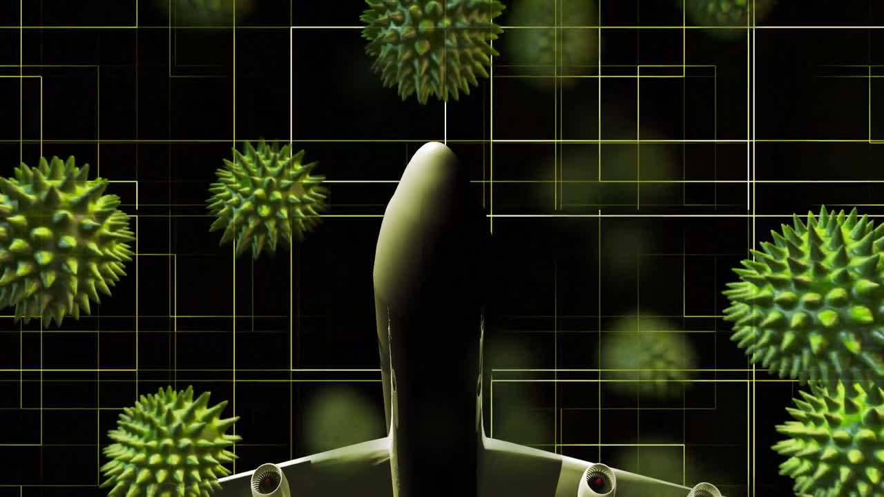 마크로 코로나바이러스 코로나19 세포가 활주로에서 이륙하는 비행기에 퍼지는 애니메이션