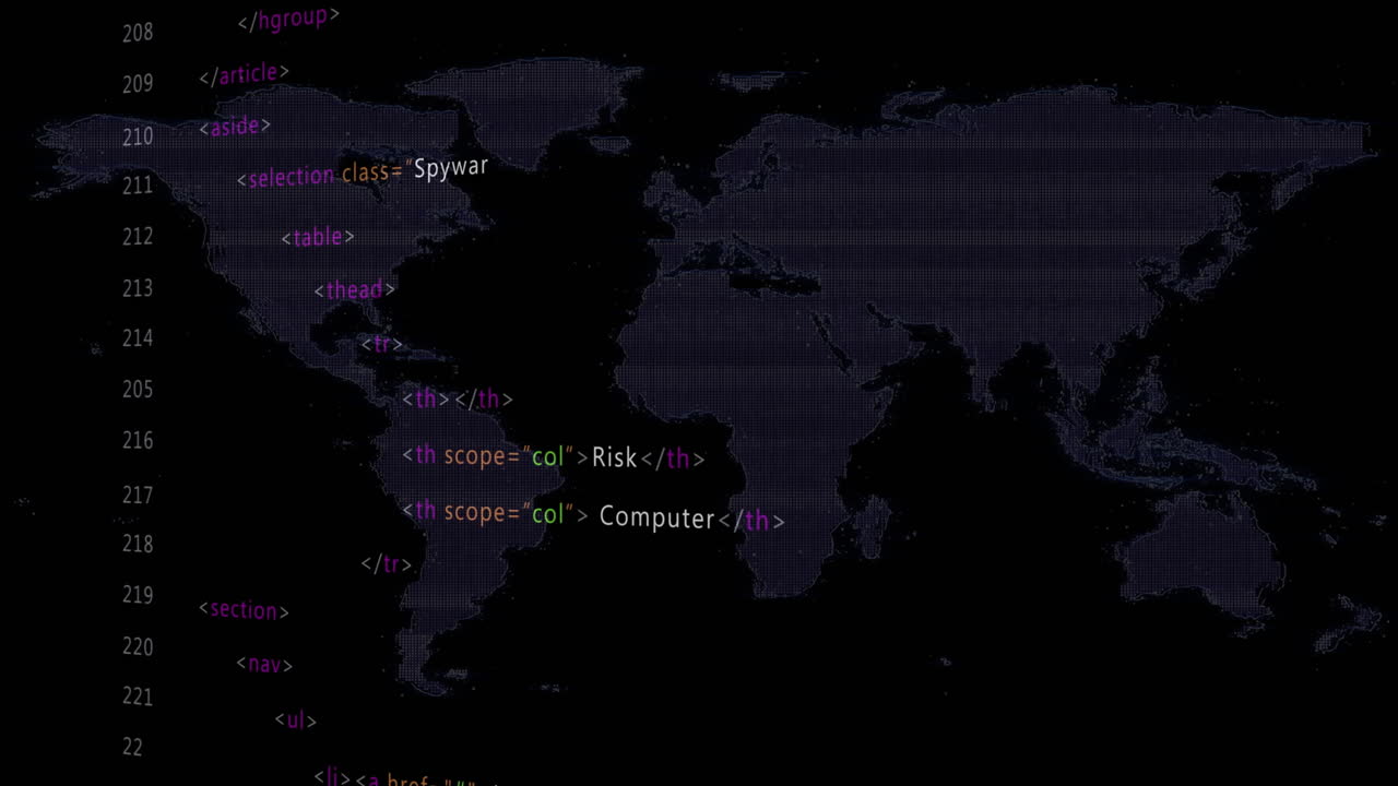 Animation of multicolored computer language and map over black background