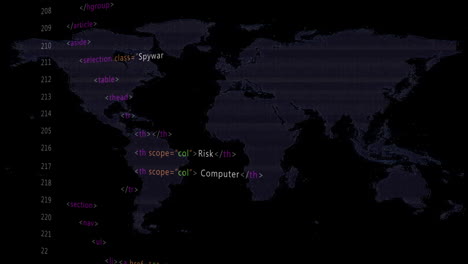 animation of multicolored computer language and map over black background