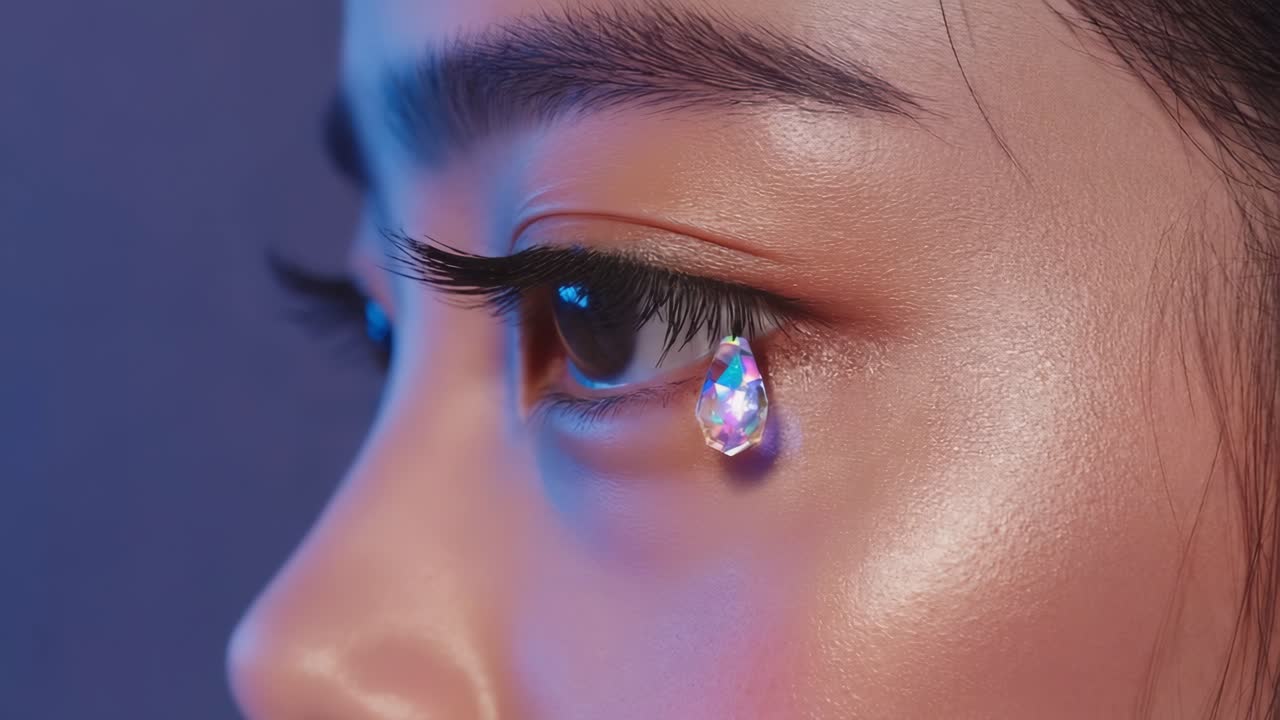 Close up of a crying eye with a sparkling tear