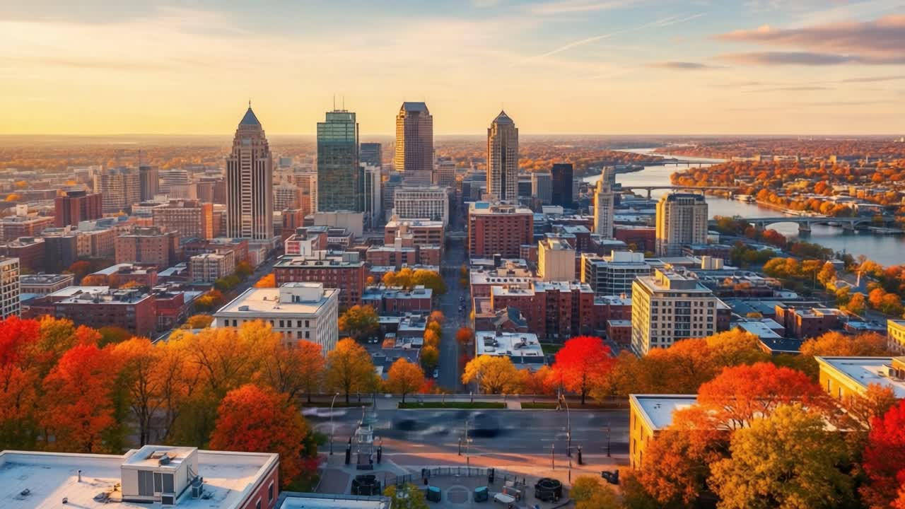 A Stunning Transformation of a Cityscape: From Vibrant Autumn Daylight to Enchanting Twilight at Sunset