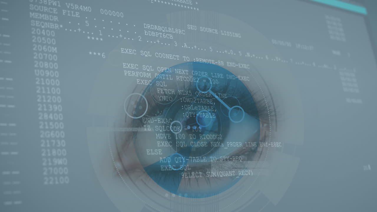 스 ⁇  스캔의 애니메이션 여성의 초록색 눈과 빠른 스크롤 디지털 정보