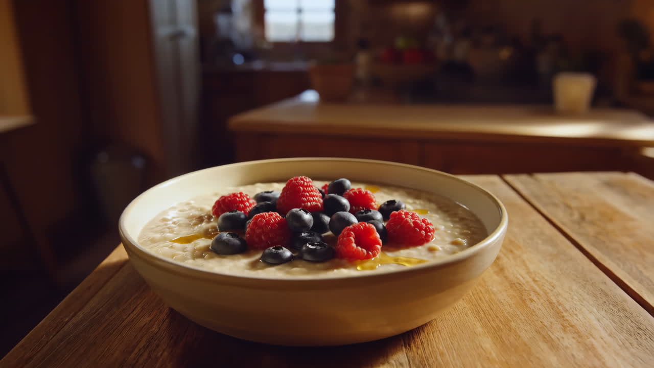 A close-up of a bowl of oatmeal topped with fresh raspberries, blueberries, and a drizzle of honey on a wooden table