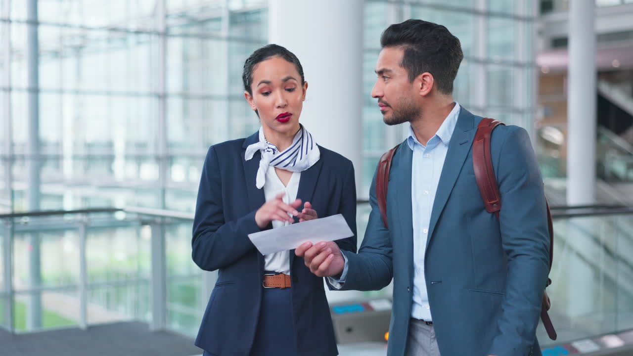 mujer, hombre y punto para la dirección en el aeropuerto