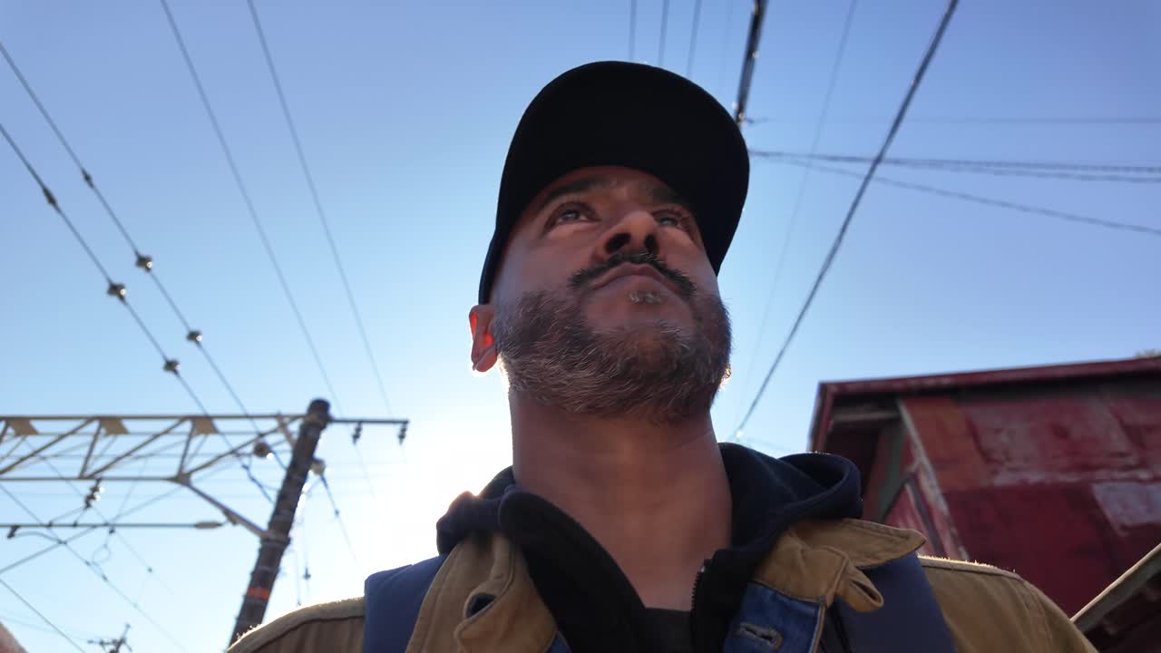 Man in baseball cap gazing upward, with railway wires and blue sky background.