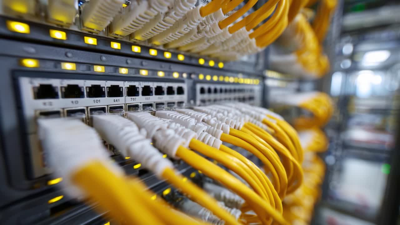 Close-Up of Ethernet Cables Connected to Data Center Switches, Highlighting Network Infrastructure and Connectivity in a Server Environment