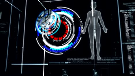 animación 4k 3d de la interfaz de usuario hud moviéndose en fondo oscuro para el concepto cibernético futurista con grano procesado