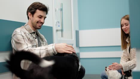 A-brunette-guy-with-his-black-and-white-dog-strokes-it-and-communicates-with-a-blonde-girl-with-her-white-dog-in-the-corridor-of-a-veterinary-clinic-while-waiting-for-his-turn-to-receive-an-appointment