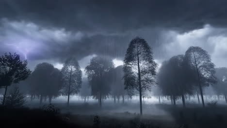 gloomy forest landscape with rain and fog