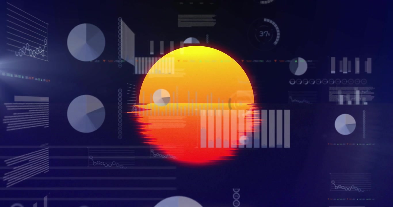 Orange orb floating, gauge fading, glitch pulsing, bars rising, ticker flashing, visualizing data