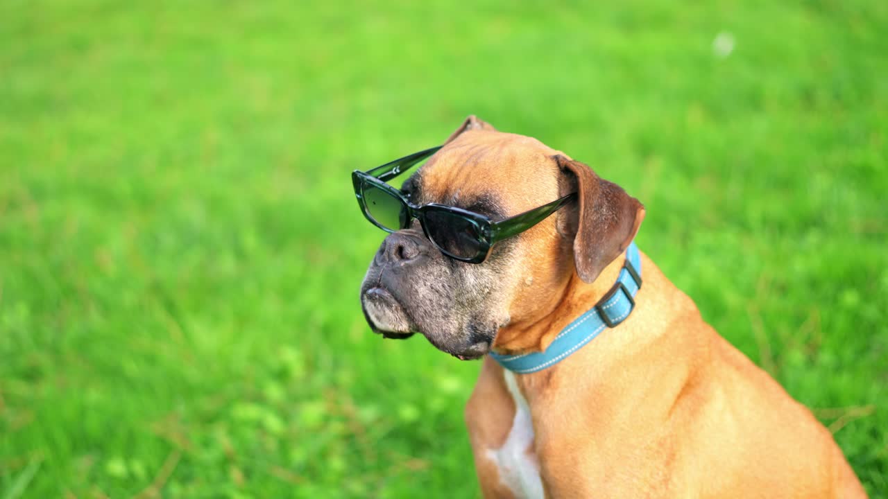 Perro bóxer genial con gafas de sol sentado sobre hierba verde
