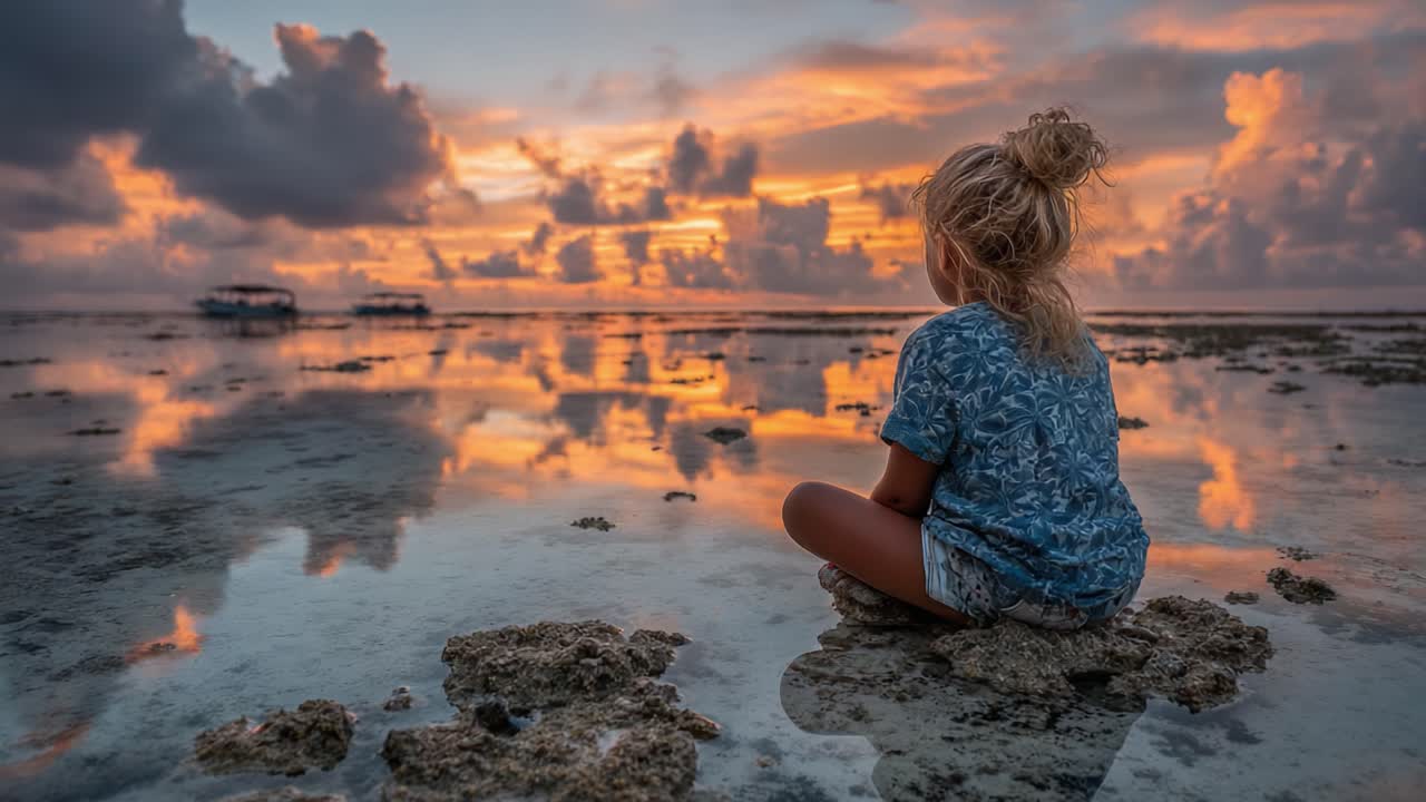 A Young Child Sitting Peacefully by the Shore, Gazing at a Stunning Sunset Over Calm Waters with Vibrant Reflections and Soft Clouds in the Sky