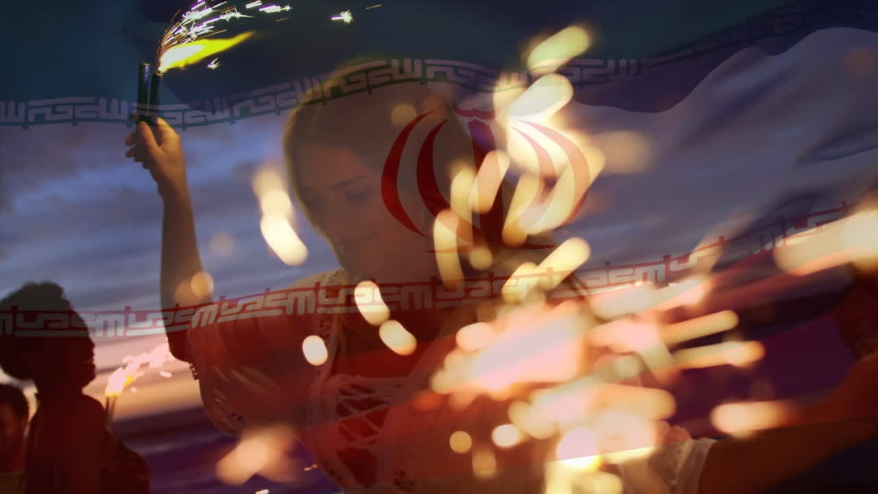 해변에서 다양한 친구들의 그룹 위에 이란 국기를 흔들고 있는 애니메이션