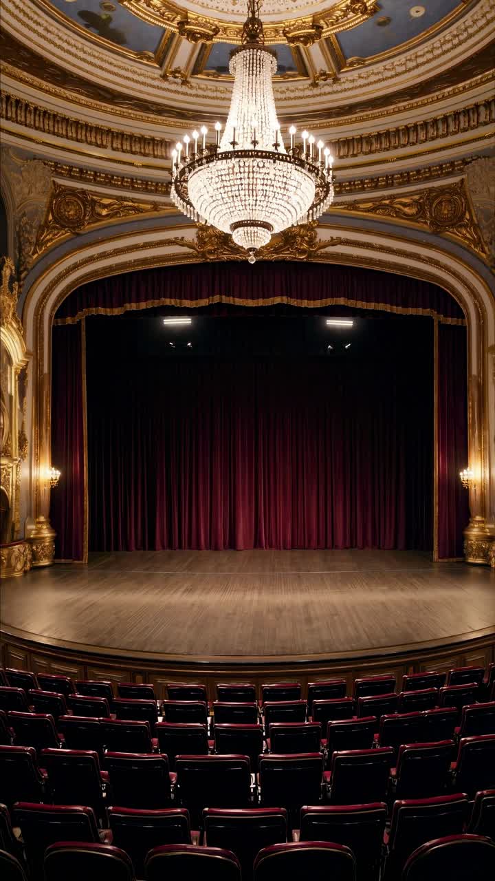 Interno elegante di un teatro con decorazioni elaborate e lampadario, ripreso con un'inquadratura grandangolare dal basso