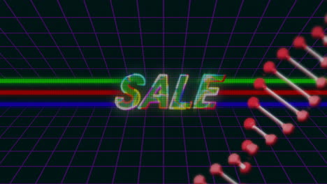 Retro grid background with colorful SALE text and DNA strand animation