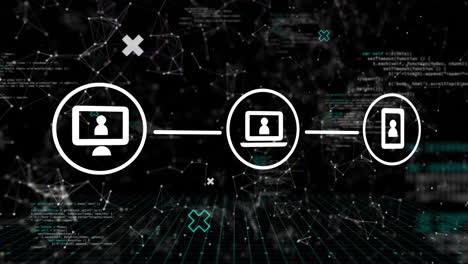 animación de conexiones con íconos y procesamiento de datos digitales