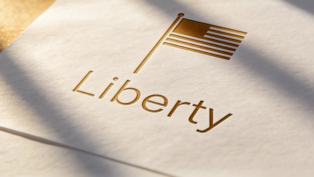 Carta esposta appoggiata su una scrivania sotto le ombre di una finestra, che mostra una bandiera dorata in rilievo e la parola Libertà.