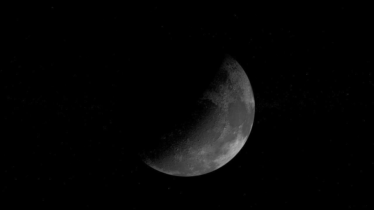 Imagem cinematográfica da lua flutuando na escuridão do espaço sideral
