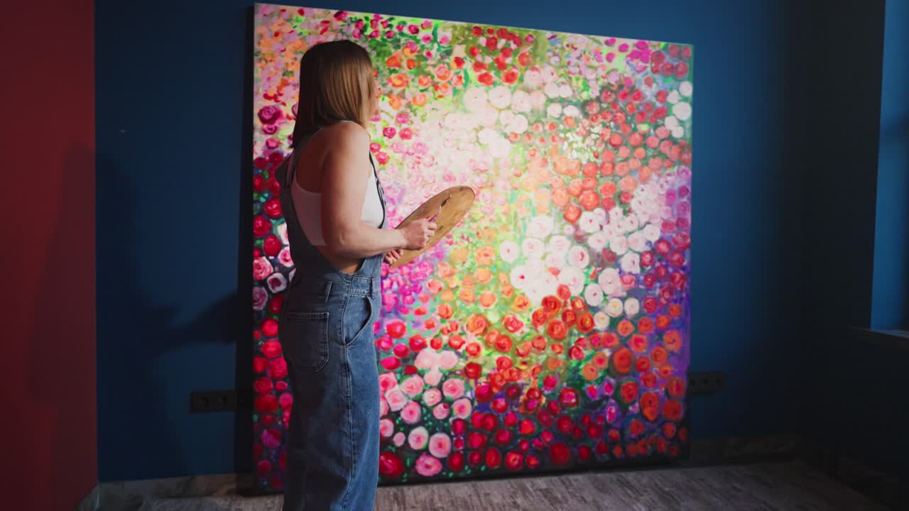 Artista Feminina Contemplando Sua Grande Pintura Floral no Estúdio