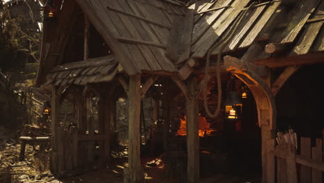 a rustic blacksmith workshop with warm light during golden hour