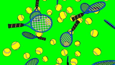 toon style tennis balls and blue tennis rackets on green chroma key background.