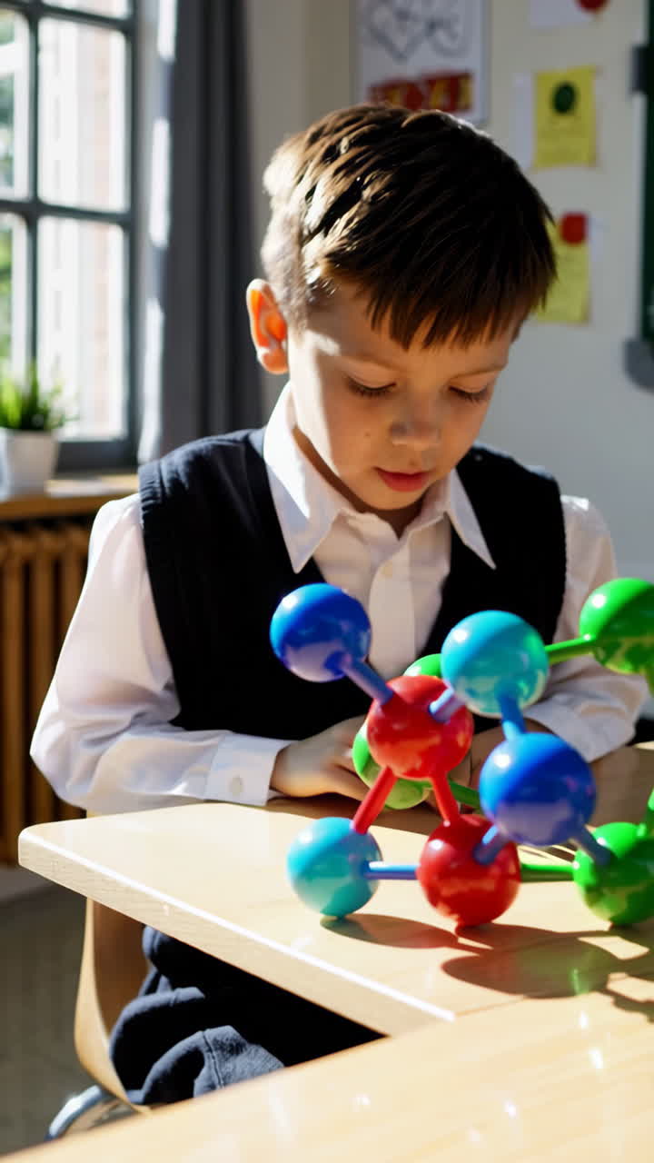 A young boy in a classroom studying a molecular model