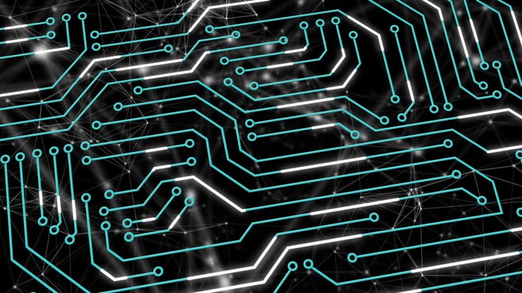 Animazione digitale di connessioni di microprocessore e rete di connessioni su sfondo nero.